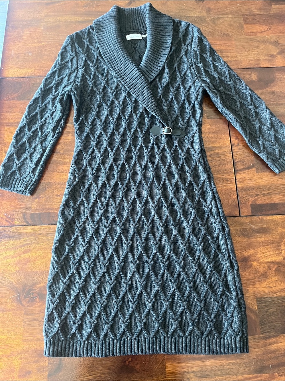 Calvin Klein Small Grey Sweater dress diamond cable knit cowl neck